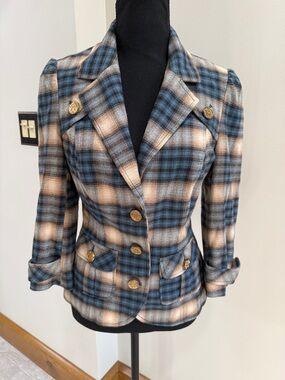 GUESS Women’s JUNIOR Jacket, Blazer, Size M Blue & Beige Plaid